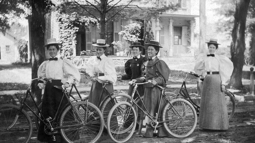 Katharine Wright, Wilbur and Orville Wright's sister, with a group of friends on a bicycle outing in Oberlin, Ohio in 1896. From left to right are Harriet Silliman, Cora Dell Woodford, Margaret Goodwin, Katharine Wright, and Mella Silliman. COURTESY OF SPECIAL COLLECTIONS AND ARCHIVES, WRIGHT STATE UNIVERSITY