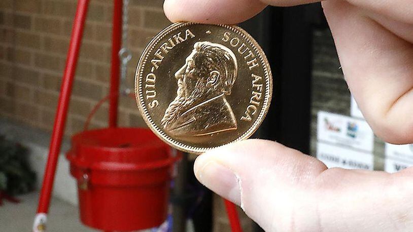 A solid gold South African coin was placed in a Springfield Salvation Army red kettle again this year. This is the fifth year a gold coin, valued at over $1000.00, has been donated.