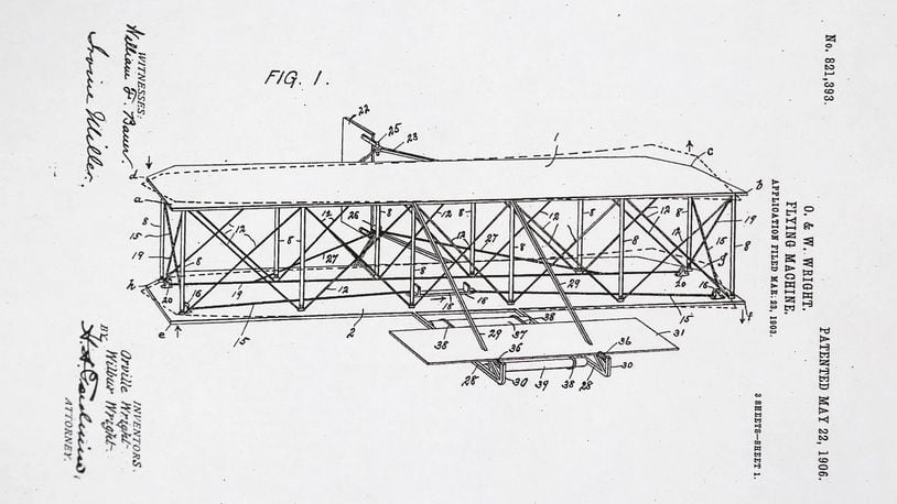 Orville and Wilbur Wright’s “Flying Machine” received a patent May 22, 1906. This is the first of three pages of illustrations that accompany the patent application.