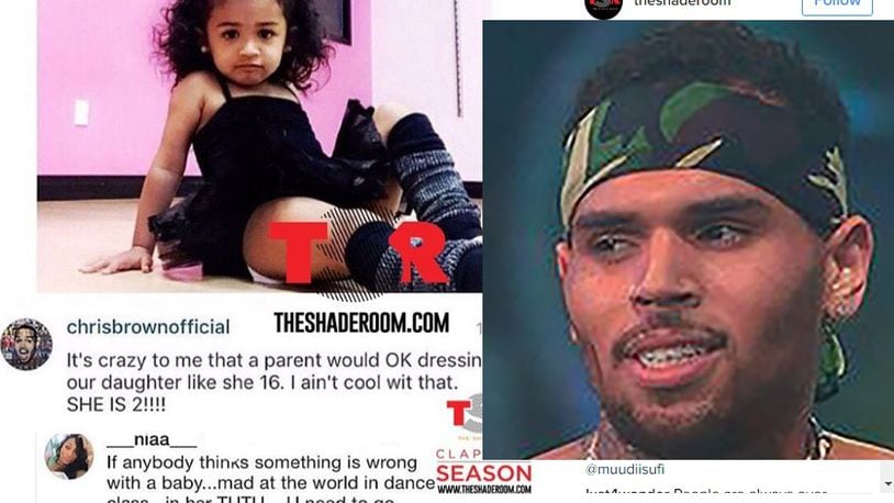 Screen grab of Instagram post about Twitter fight between Chris Brown and Nia Amey over their daughter's outfit. Chris Brown photographed by Bryan Steffy/Getty Images for Drai's Beachclub-Nightclub)