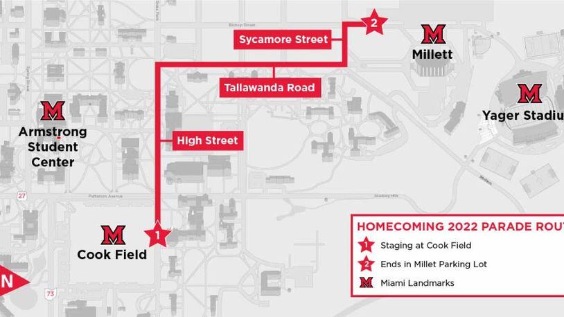 A map of the Miami University 2022 Homecoming Parade route. CONTRIBUTED/Miami University Alumni Association
