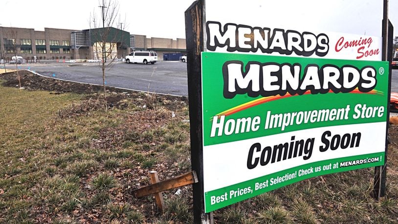 Work continues on the new Menards home improvement store in Fairborn on Dayton-Yellow Springs Road. Officials said the story is tentatively expected to open in mid-May. MARSHALL GORBY/STAFF