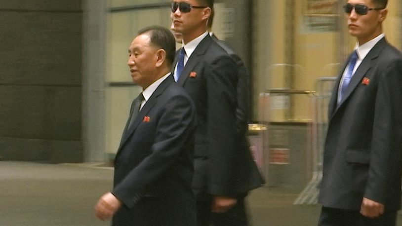 Kim Yong Chol, left, former North Korean military intelligence chief and one of Kim Jong Un's closest aides, leaves his hotel for a meeting with U.S. Secretary of State Mike Pompeo, Friday, June 1, 2018, in New York. (AP Photo/Joe Frederick)