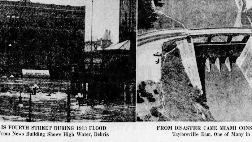 This is Fourth Street during the 1913 Flood. View from News Building shows high water, debris.From disaster came Miami Conservancy. Taylorsville Dam, one of many in the area.
