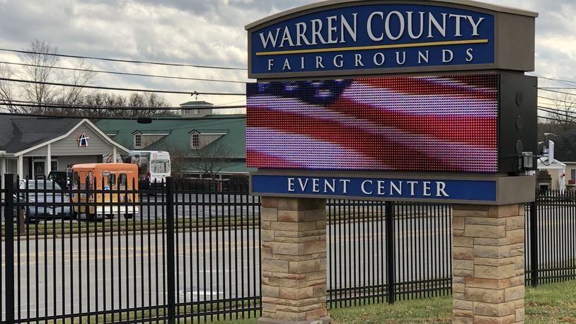 The sign for the Warren County Fairgrounds advertises an event center. The facilities should be in place later this year. STAFF/LAWRENCE BUDD