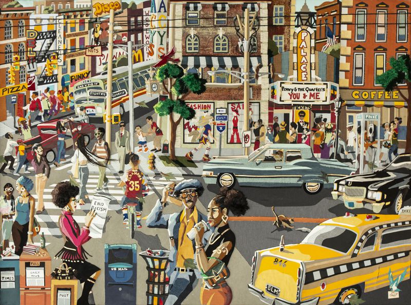 Don Coulter's The Seventies Groove depicts a 1970s Cleveland street scene. PHOTO COURTESY OF DAYTON ART INSTITUTE