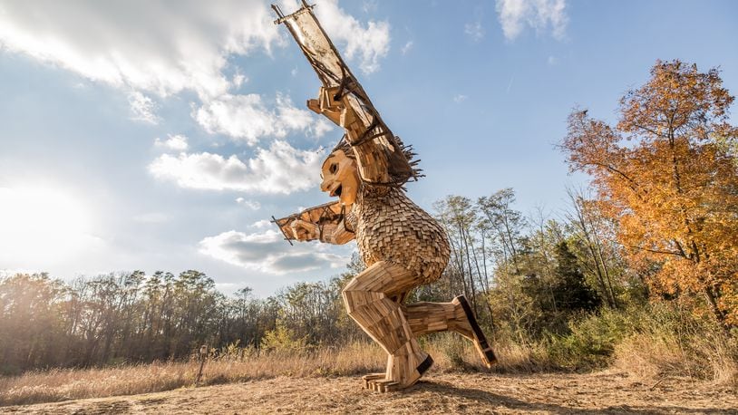 Bibbi, the daughter in the giant family of trolls installation at the Aullwood Audubon Center and Farm, learns to fly. The trolls is the work of Danish artist Thomas Dambo.  CONTRIBUTED