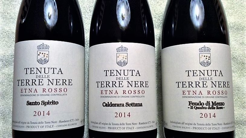 This trio of lovelies — from grapes grown near the base of Mt. Etna, the active volcano on the island of Sicily — are part of the Jay’s Italian Wine Dinner this Thurday night, April 27. MARK FISHER/STAFF