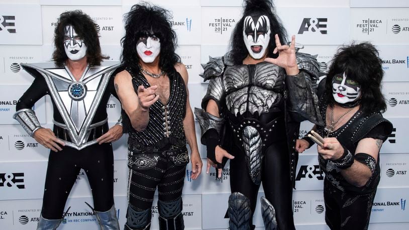Members of the band Kiss, from left, Tommy Thayer, Paul Stanley, Gene Simmons and Eric Singer attend the premiere of A&E Network's "Biography: KISStory" during the 20th Tribeca Festival at Battery Park on Friday, June 11, 2021, in New York. (Photo by Charles Sykes/Invision/AP)