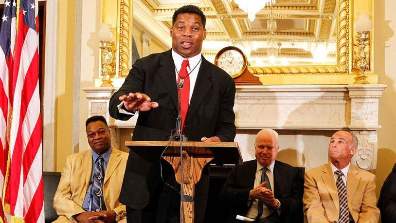 Herschel Walker, NFL great & former MMA Fighter, speaks at a press conference to show support of  professional fighters study at Cleveland Clinic Lou Ruvo Center for Brain Health on April 26, 2016 in the Russell Senate Building in Washington, DC.  (Photo by Paul Morigi/Getty Images for Spike TV)