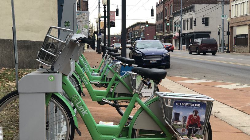 The Link bike-share station in the Wright Dunbar business district. CORNELIUS FROLIK / STAFF