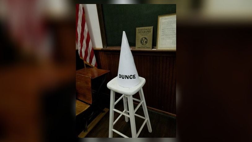The Liberty Twp. Historical Society will open the doors to the old Hughes one-room schoolhouse for an open house May 4 in conjunction with the annual Garden Club plant sale. This “dunce hat” is perfect for selfies according to Historical Society President Paul Stumpf.