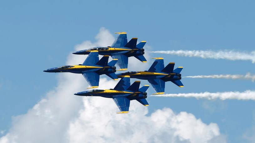 Diamond formation of the U.S. Navy Blue Angels at June’s Vectren Dayton Air Show. TY GREENLEES / STAFF