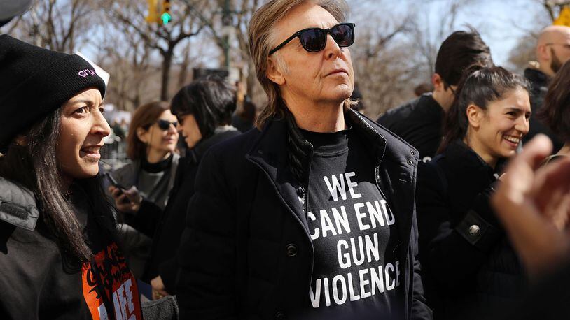 NEW YORK, NY - MARCH 24:  Sir Paul McCartney joins thousands of people, many of them students, march against gun violence in Manhattan during the March for Our Lives rally on March 24, 2018 in New York, United States.  (Photo by Spencer Platt/Getty Images)