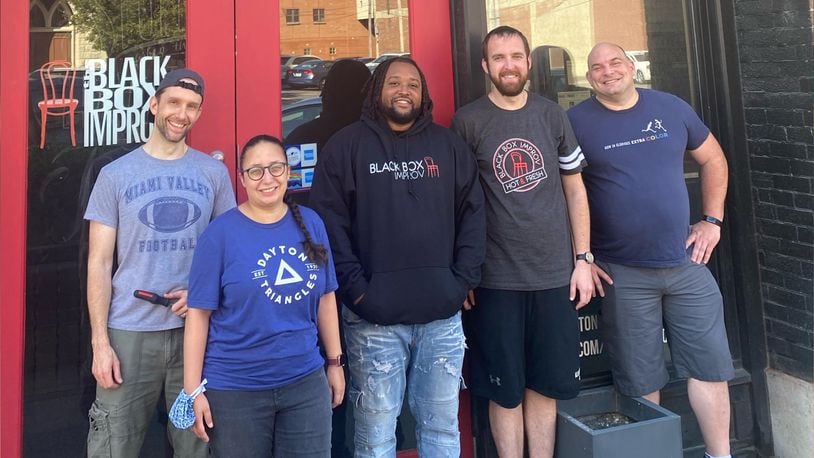 Some of the owners of Black Box Improv Theater, (left to right) Bryan Lakatos, Othalia Larue, Kevin Carter, James Fritchman and Garret Geilenfeldt, outside the intimate comedy venue, which has its grand reopening weekend on Friday and Saturday, Oct. 1 and 2. CONTRIBUTED