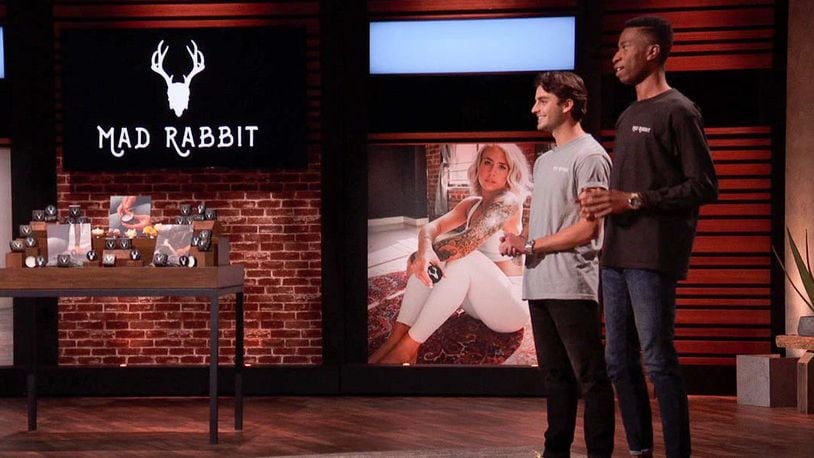 Recent Miami University graduates Oliver Zak (left) and Selom Agbitor impressed in their high-pressure debut last Friday on ABC's nationally televised show "Shark Tank." The pair, which created the Mad Rabbit skin care company, got investor Mark Cuban to pony up $500,000 for their start up firm. The two are shown on stage during the broadcast. (Provided Photo\Journal-News)