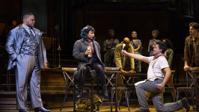 Will Mann, left, Amaya Braganza and J. Antonio Rodriguez perform March 12-17, 2024 in the national tour of Broadway's "Hadestown" at the Schuster Center in Dayton. CONTRIBUTED