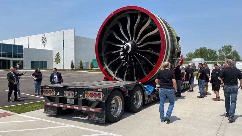 The GE9X, designed for the Boeing 777 family of planes, is the largest and most powerful commercial aircraft engine ever built, GE Aerospace says. This engine could be seen in the parking lot of the GE production facility off Research Road Friday. THOMAS GNAU/STAFF