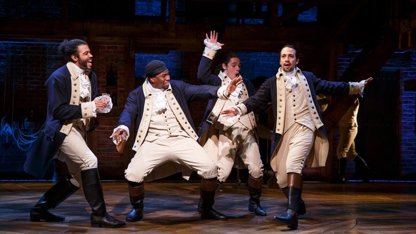 Daveed Diggs, Okieriete Onaodowan, Anthony Ramos, and Lin-Manuel Miranda in Hamilton: An American Musical.