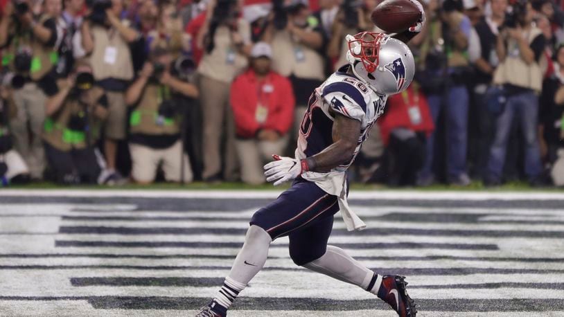 New England Patriots' James White celebrates his touchdown, during the second half of the NFL Super Bowl 51 football game against the Atlanta Falcons, Sunday, Feb. 5, 2017, in Houston. (AP Photo/Matt Slocum)