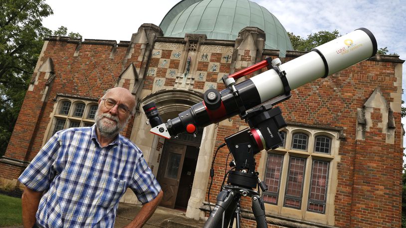 Former Wittenberg University astronomer Dan Fleisch in front of the University's Weaver Observatory Thursday, August 24, 2023. BILL LACKEY/STAFF