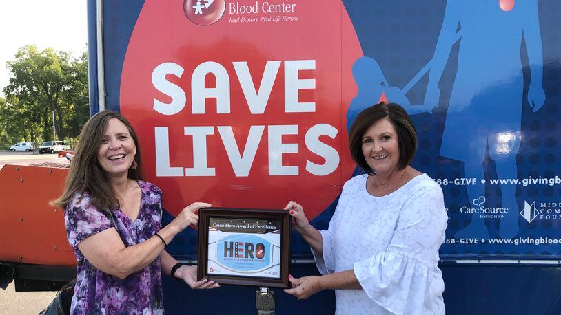 Robin Sutherland, of the University of Dayton Research Institute, and Donna Teuscher (right), of the Community Blood Center. Contributed