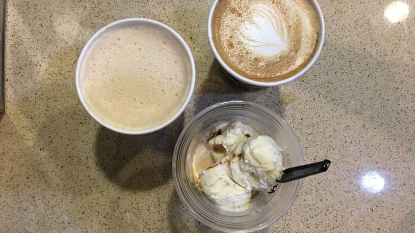 Pictured here (from left to bottom): chai latte, vanilla-cinnamon latte and affogato (vanilla bean ice cream with espresso poured on top)