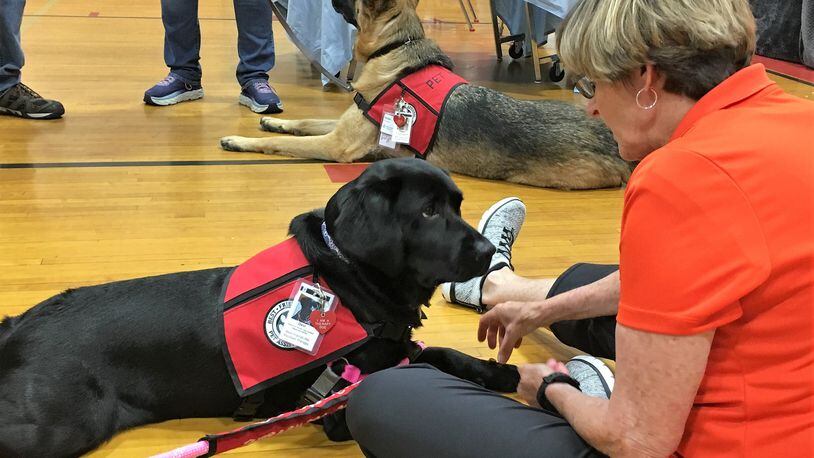 Best Friends Pet Assisted Therapy was one of the groups participating in the Love Shack event at Northridge High School, offering free wellness services to those affected by the Memorial Day tornadoes. KATIE WEDELL/STAFF