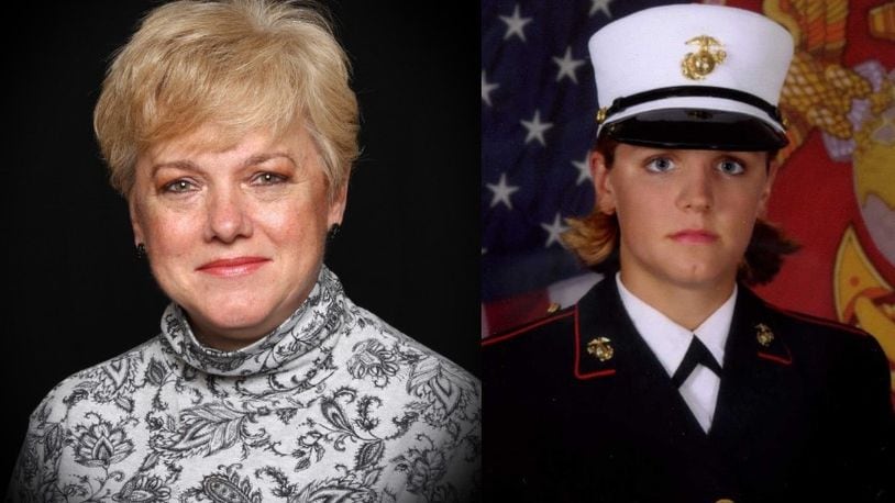 a photo of Mary Lauterbach  next to a photo of her daughter Marine Lance Cpl. Maria Lauterbach who was killed in 2007 by a fellow Marine.