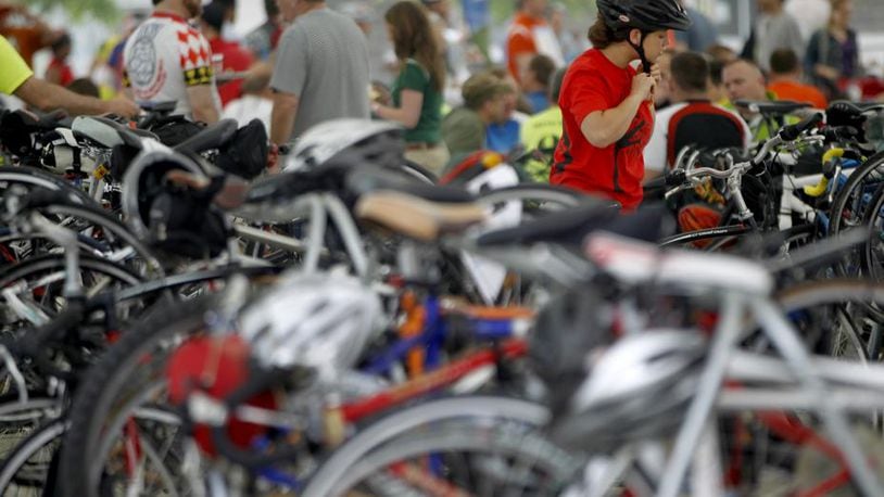 More than 500 bicyclists commuted to Riverscape MetroPark in downtown Dayton for a free pancake breakfast on National Bike to Work Day. STAFF