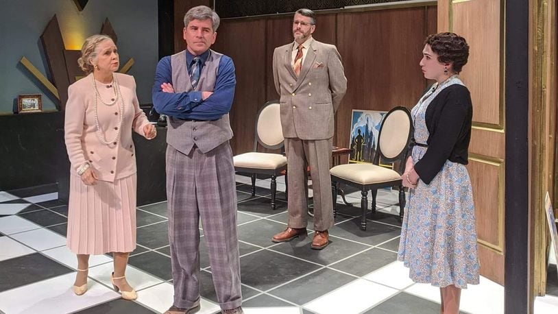 L-R: Debra Strauss (Mary Pickford), Matt Lindsay (Charlie Chaplin), Mike Beerbower (George Gyssling), and Jenna De Gruy (Miss Hollombe) in the Dayton Playhouse's production of John Morogiello's comedy "The Consul, The Tramp and America's Sweetheart," slated to be presented virtually beginning Jan. 27. CONTRIBUTED