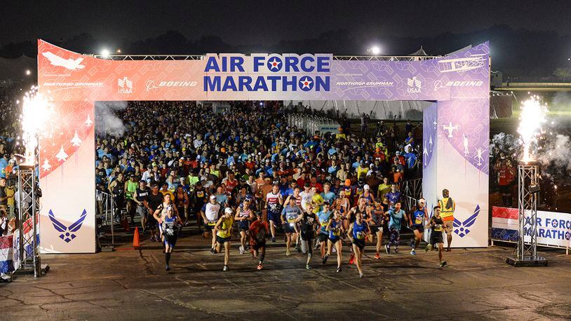 Runners take off at the start of the 2019 Air Force Marathon on Wright-Patterson Air Force Base. . U.S. AIR FORCE PHOTO/WESLEY FARNSWORTH
