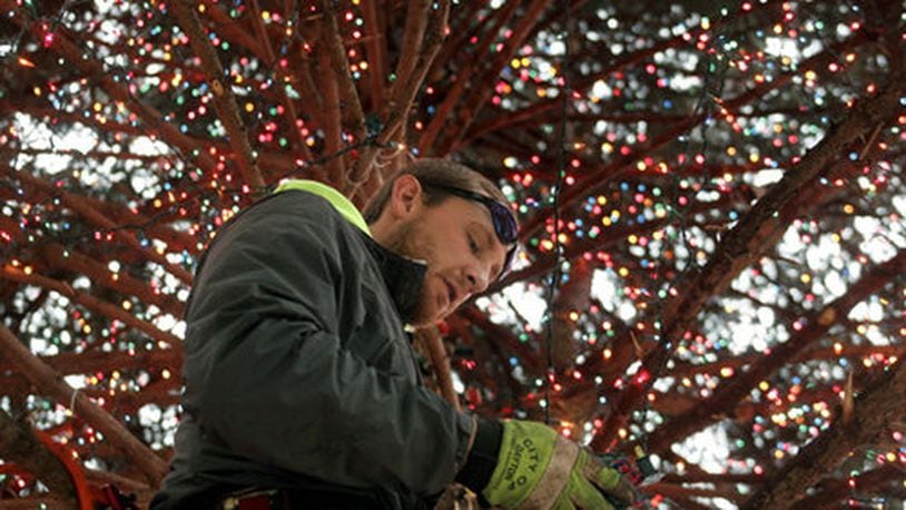 Back in 2008, Joel Thomas, a Dayton forestry department employee, works the inside job -- inside the mammoth blue spruce that is the centerpiece of Christmas decorations at Courthouse Square -- stringing some of 50,000 tree lights on the tree.