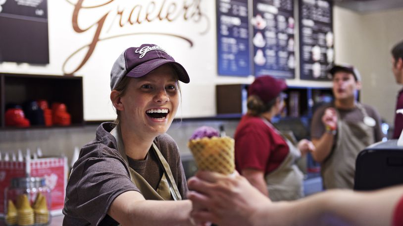 Graeter’s Ice Cream is celebrating its annual Cones for the Cure campaign with a free sugar cone of Elena’s Blueberry Pie for app holders (file photo). NICK GRAHAM