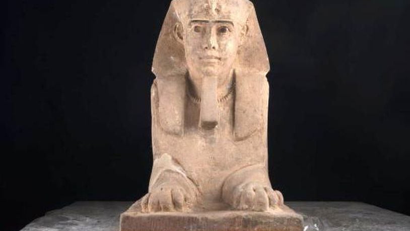 A photo of the sandstone sphinx uncovered at an ancient temple in Aswan, Egypt.