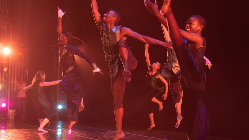 Dayton Contemporary Dance Company in performance. Pictured: Dance Artists of the 2021-2022 Season (L to R: Elizabeth Ramsey, Matthew Talley, Zaki Ajani, Alexandria Flewellen, Robert Pulido, Sadale Warner) performing "Children of the Passage," choreographed by Ronald K. Brown and Donald McKayle, at Cincinnati Bold Moves Festival.