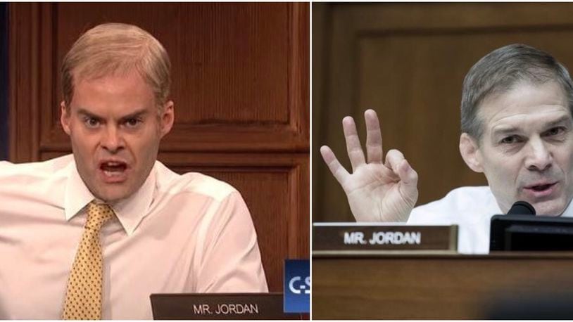 Left, Rep. Jim Jordan (R-Ohio), the ranking member, questions Michael Cohen, on Capitol Hill, in Washington, Feb. 27, 2019. (Sarah Silbiger/The New York Times). Right, screen grab of comedian Bill Hader playing Jordan in Saturday Night Live's opening Saturday, March 2.