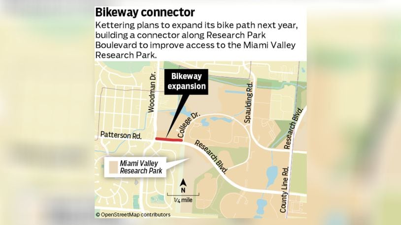 Kettering plans to extend its bike path connections next year, adding a segment to provide a continuous trail from Woodman Drive, through the Miami Valley Research Park and intersecting with one from Centerville to Dayton. STAFF