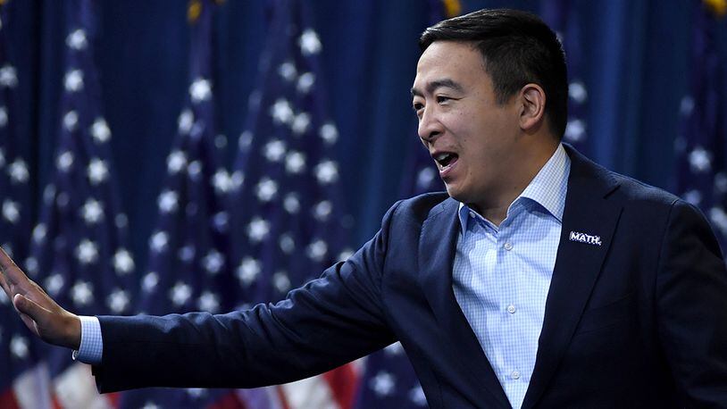LAS VEGAS, NEVADA - OCTOBER 02:  Democratic presidential candidate Andrew Yang waves as he arrives at the 2020 Gun Safety Forum hosted by gun control activist groups Giffords and March for Our Lives at Enclave on October 2, 2019 in Las Vegas, Nevada. Nine Democratic candidates are taking part in the forum to address gun violence one day after the second anniversary of the massacre at the Route 91 Harvest country music festival in Las Vegas when a gunman killed 58 people in the deadliest mass shooting in recent U.S. history.  (Photo by Ethan Miller/Getty Images)