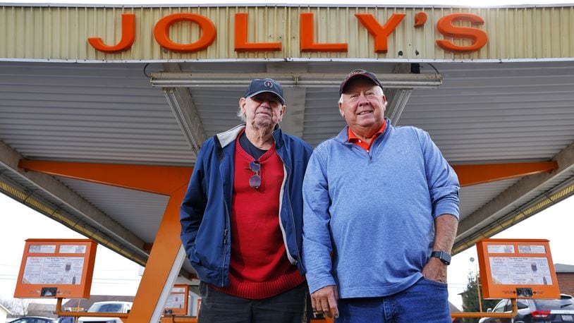 Mike, left, and Greg Jolivette stand outside Jolly's drive-in restaurant on Brookwood Ave. Wednesday, Feb. 16, 2022 in Hamilton. Jolly's is celebrating 85 years in business. NICK GRAHAM/STAFF