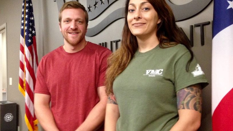 Wright State students Aaron Pitts, left, and Angela Hall, served in the Marines. Pitts is a senior marketing major and a graduate of Miami East High School. Hall is a junior sociology major from Fairborn. Pitts arrived on campus in 2013; a year later WSU built its Veteran & Military Center. “We have computer labs, a lounge, study areas. It gave us a spot to relax and feel comfortable in. It s a little different talking to people who have shared the same experiences as you have. BRIAN KOLLARS / STAFF