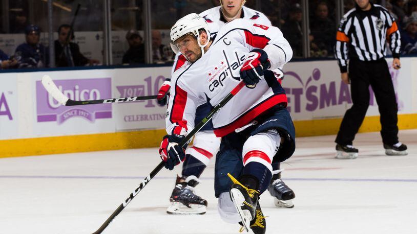 Alex Ovechkin connects for his second goal during Saturday's game against Toronto.