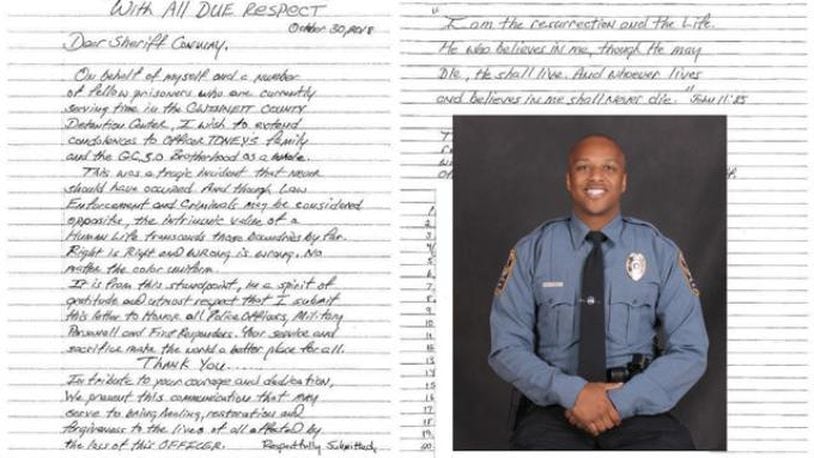 A group of Georgia inmates penned a heartfelt letter to police in support of law enforcement in the wake of the death of of a Gwinnett County officer. Officer Antwan Toney was killed in the line of duty Oct. 20.