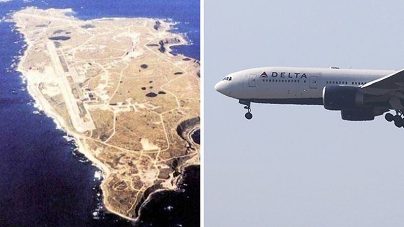 LEFT: Shemya Island (archive.defense.gov) | RIGHT: Delta air wide-body jet  (Photo by Mario Tama/Getty Images)
