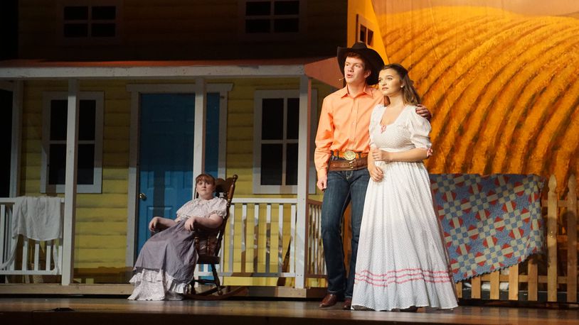 (left to right) Haley Hemmelgarn (Aunt Eller Murphy), Alex Grotjan (Curly) and Ashley Ortel (Laurey) in Springboro High School's production of "Oklahoma!" PHOTO BY PARLETT PHOTOGRAPHY