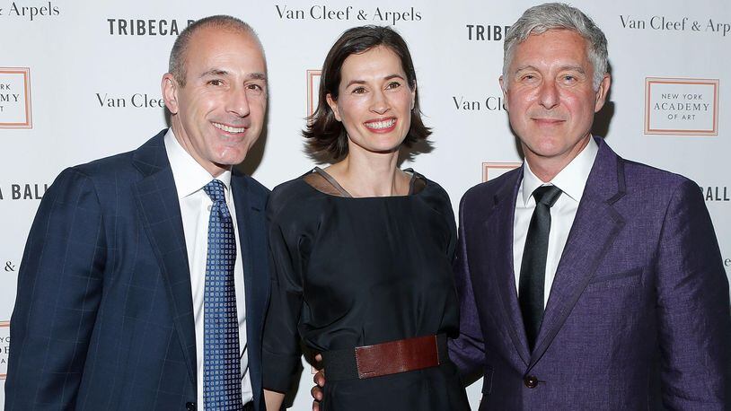 Disgraced news anchor Matt Lauer, wife Annette Roque and artist David Kratz, right, attend the 2013 Tribeca Ball at the New York Academy of Art on April 8, 2013 in New York City.