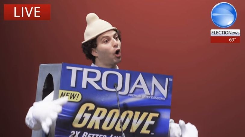 Joel Moss Levinson in scene from his Trojan commercial "Can't Hide That Election." Screen grab