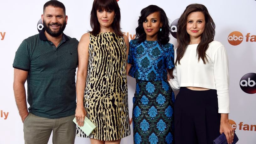 From left to right, Guillermo Diaz, Bellamy Young, Kerry Washington and Katie Lowes, cast members in the television series "Scandal," pose together at the Disney ABC Television Group party during the 2015 Television Critics Association Summer Press Tour at the Beverly Hilton on Tuesday, Aug. 4, 2015, in Beverly Hills, Calif. (Photo by Chris Pizzello/Invision/AP)