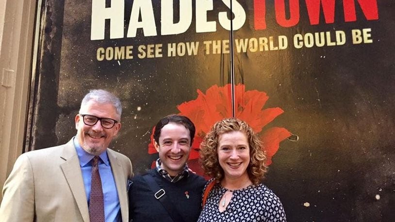 (left to right) Joe Deer, chair of Wright State University’s Department of Theatre, Dance and Motion Pictures, Joey Monda, a Wright State graduate and Broadway producer with Sing Out, Louise! Productions, and Marya Spring Cordes, head of acting in Wright State’s Department of Theatre, Dance and Motion Pictures, pose outside New York’s Walter Kerr Theatre, home of the new jazz musical “Hadestown.” Co-produced by Sing Out, Louise! Productions and inspired by Greek mythology, “Hadestown” is nominated for 14 Tony Awards including best musical. CONTRIBUTED