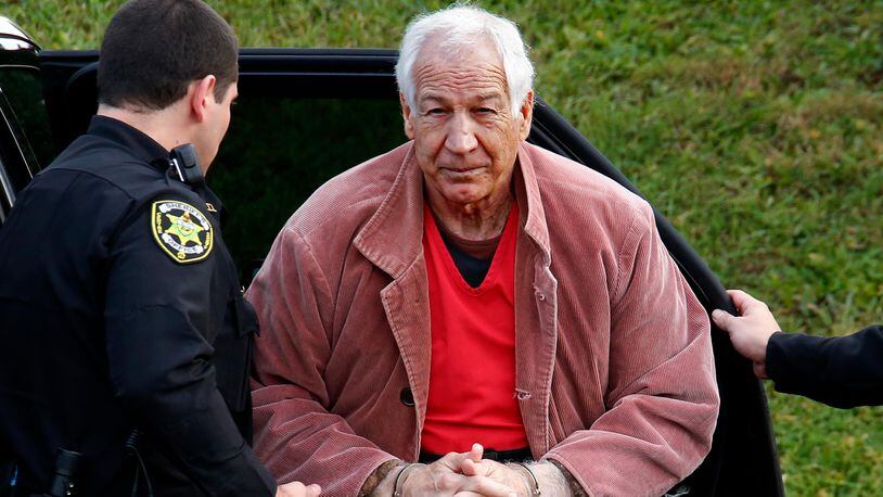 In this Oct. 29, 2015, file photo, former Penn State University assistant football coach Jerry Sandusky arrives for an appeal hearing at the Centre County Courthouse in Bellefonte, Pa.
 (AP Photo/Gene J. Puskar, File)